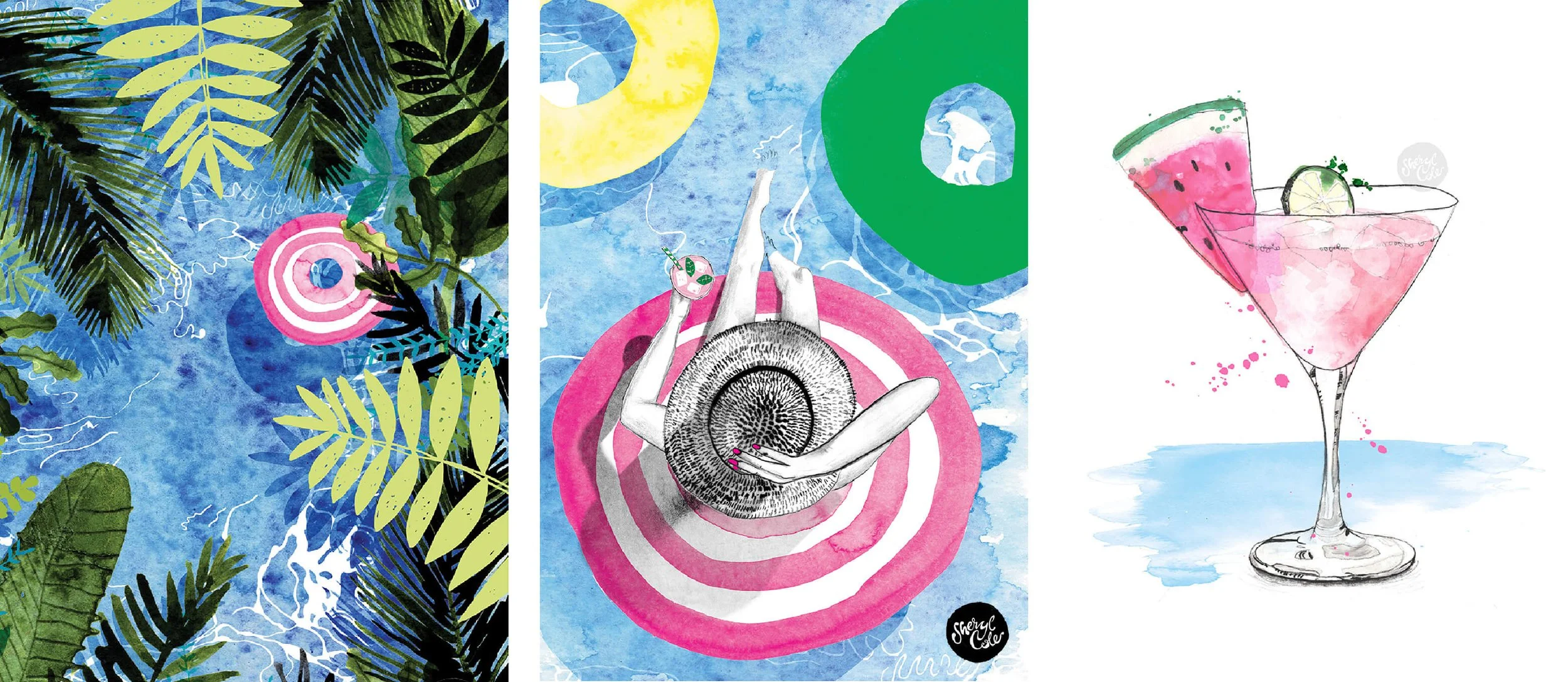 Tropical album cover illustration featuring rainforest pools and relaxed summer lifestyle scenes in watercolour.