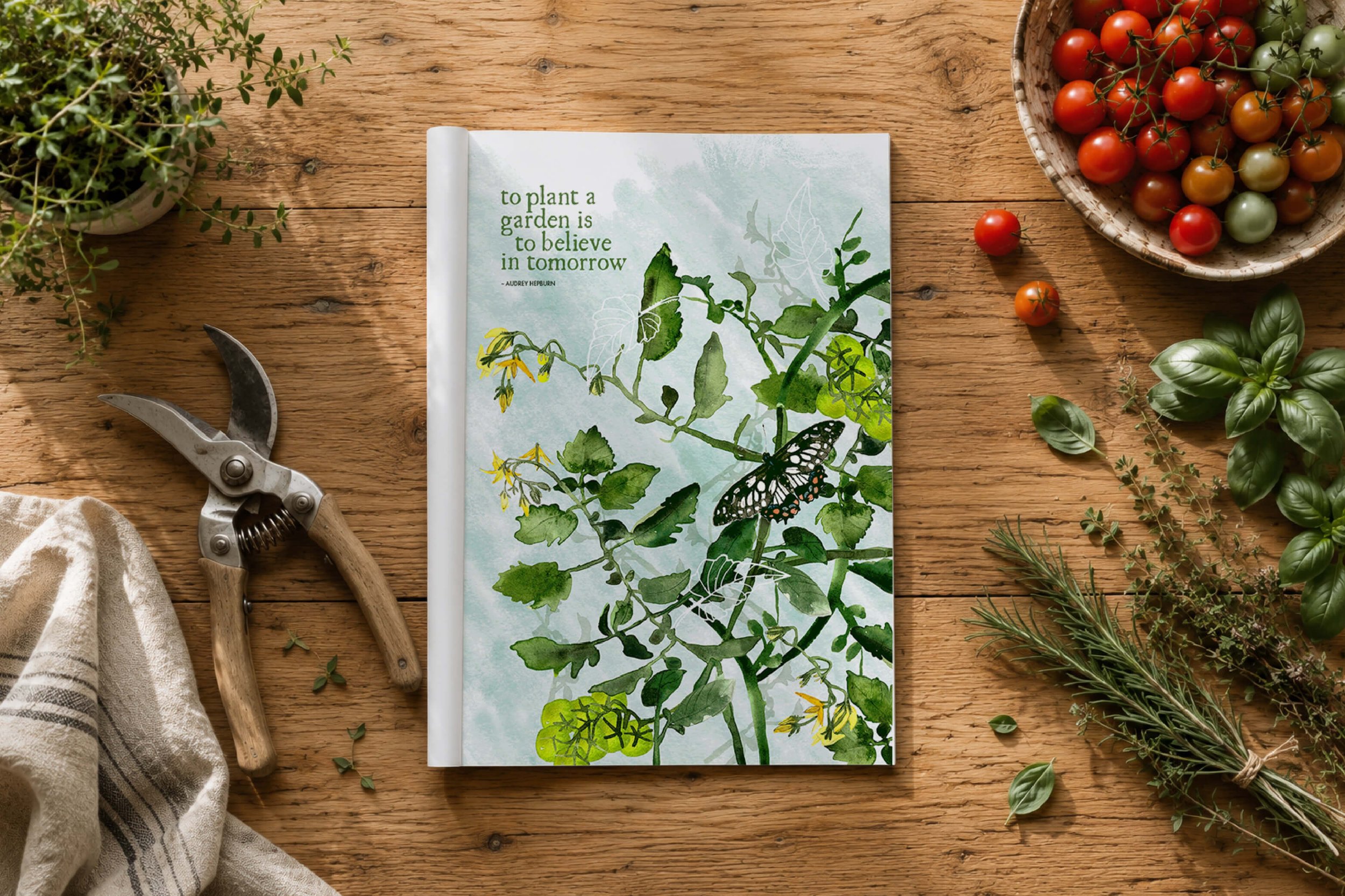 Botanical watercolour illustration of lush cherry tomato vines and a swallowtail butterfly in a vibrant garden setting.