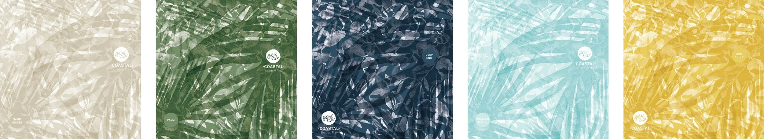 Coastal-inspired surface pattern featuring tropical shadow forms and ocean-inspired colours for homewares and products.