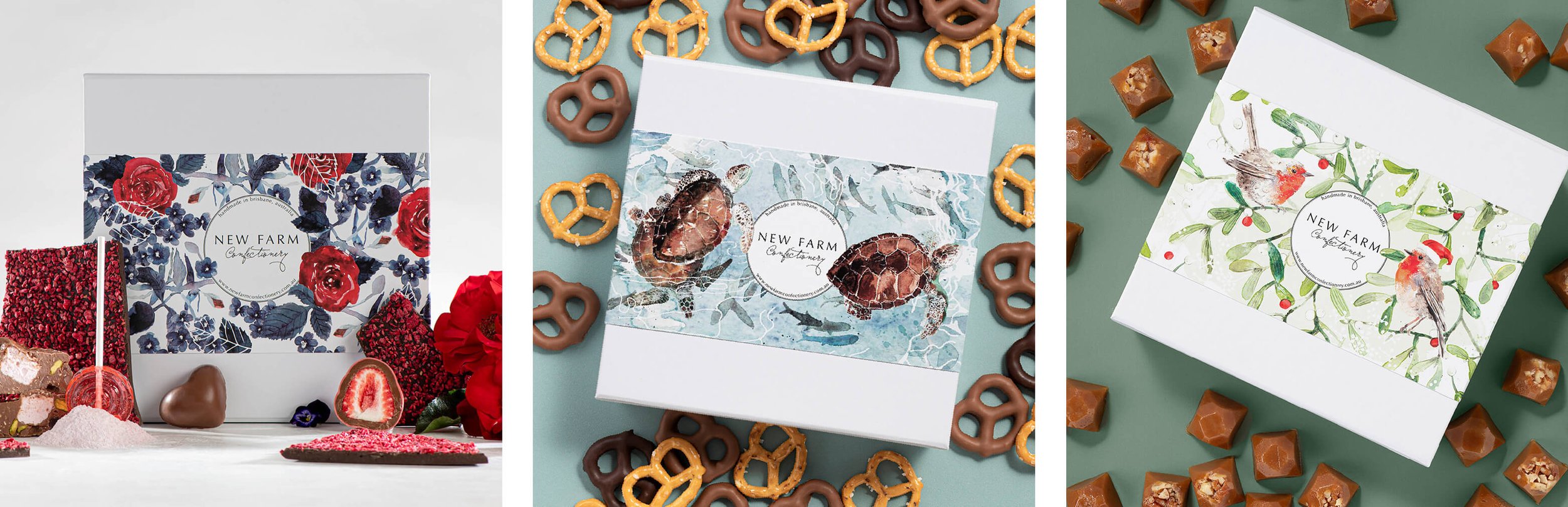 Seasonal packaging illustration series for New Farm Confectionery featuring hand-painted watercolour designs across multiple gift collections.