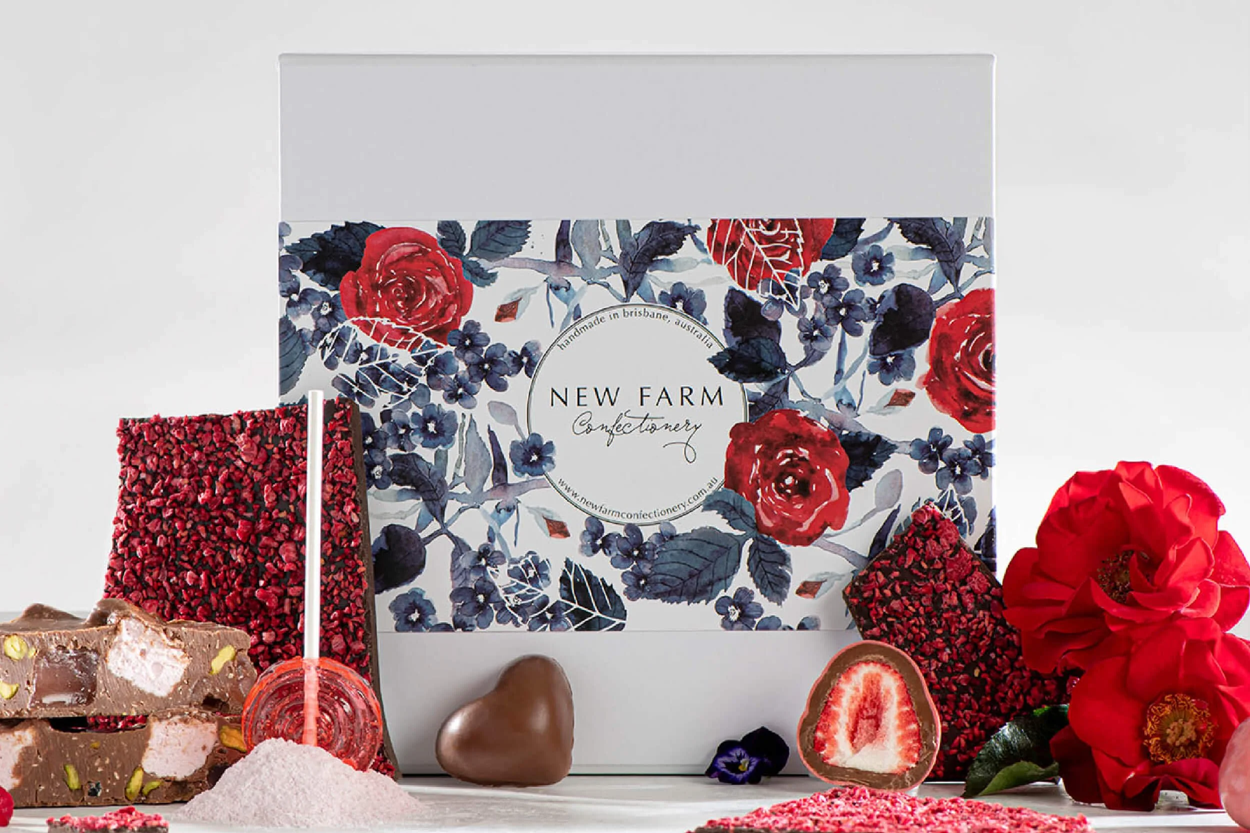 Hand-painted watercolour packaging illustration created for New Farm Confectionery Valentine's Day seasonal gift box campaign.