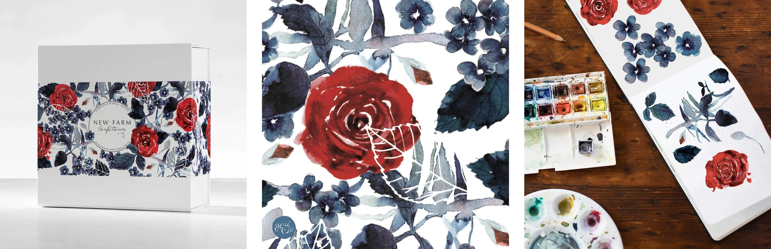 Hand-painted rose and violet watercolour packaging illustration created for New Farm Confectionery Valentine's Day seasonal gift box campaign.