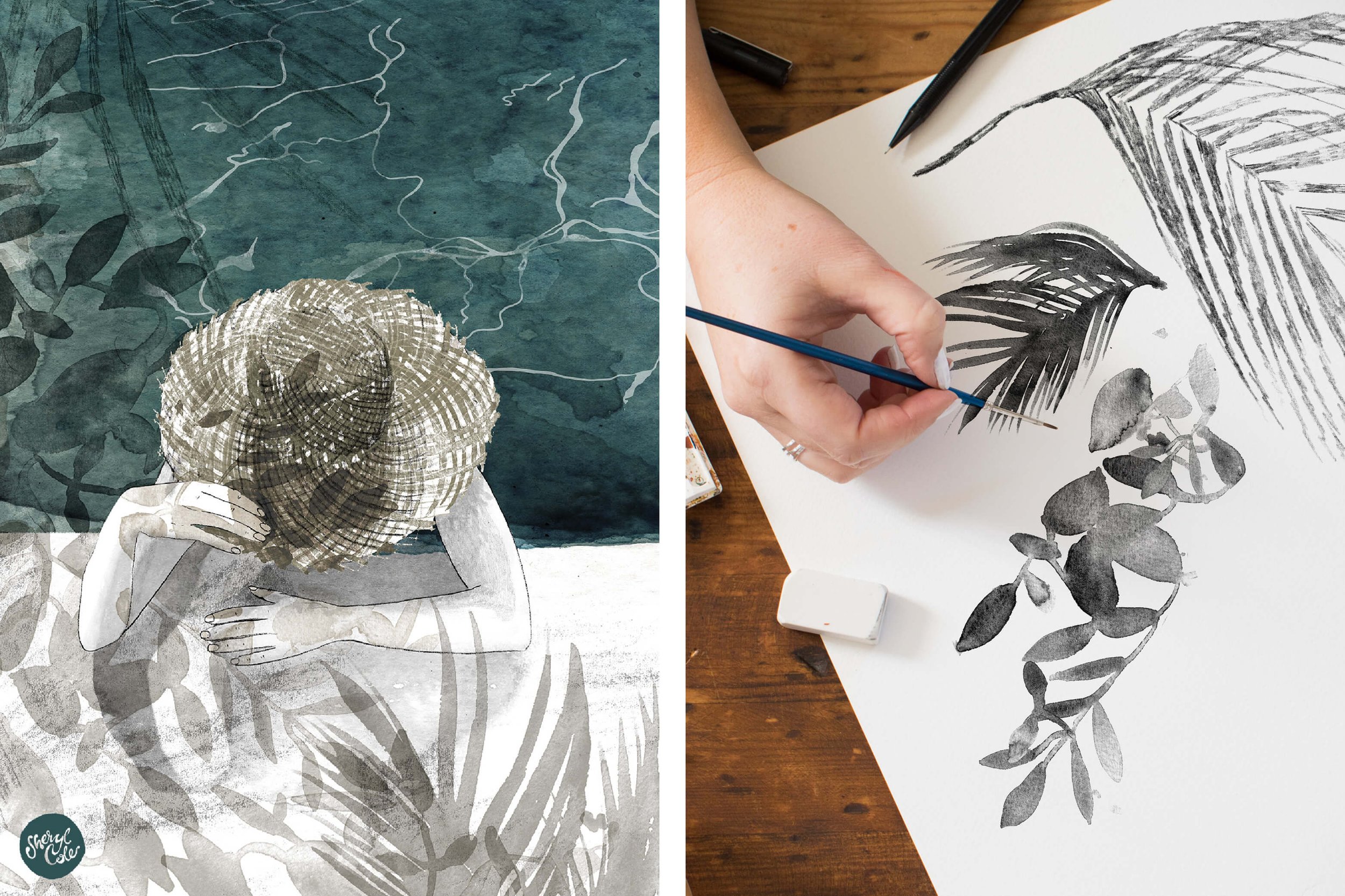 Watercolour lifestyle illustration of a woman in a straw hat relaxing in an ocean pool surrounded by tropical shadow forms.