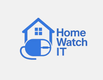 Logo for 'Home Watch IT' featuring a house with a magnifying glass and a computer mouse tail.