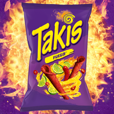 A bag of Takis Fuego chips with flames in the background.