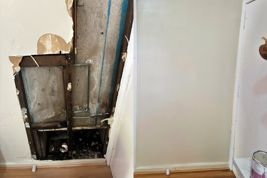 Side-by-side comparison of a wall with damaged drywall and exposed plumbing on the left and a newly repaired wall on the right.