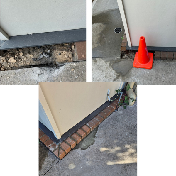 Three images showing construction or repair work near a building's foundation. The first image shows a dug trench along the base of the wall. The second image shows a small concrete patch and an orange traffic cone near a drain. The third image shows