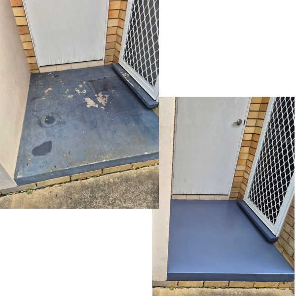 Comparison of a dirty, worn concrete porch before and a freshly painted, clean porch after renovation.