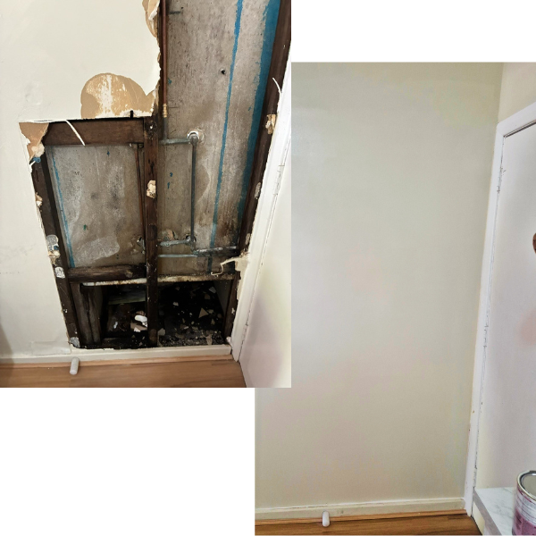 Side-by-side comparison of a damaged wall with exposed pipes and framing on the left and a new, repaired wall on the right.