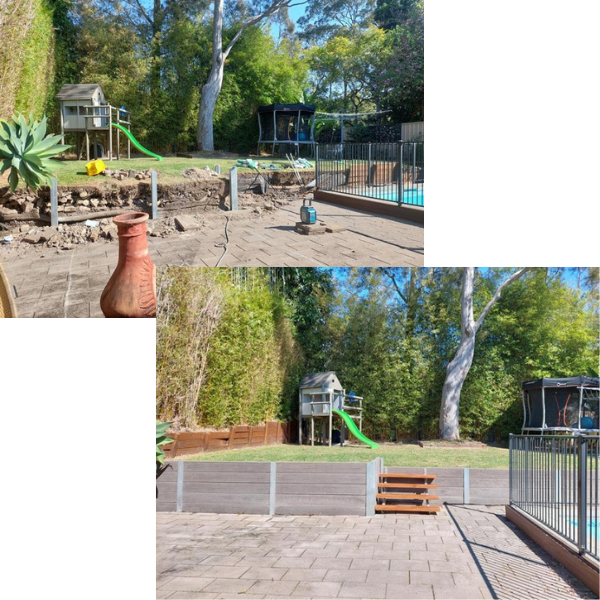 Conversion of backyard area between two photos, with a children's playset and pool in the second image, and a fenced pool area and trees in the first image.