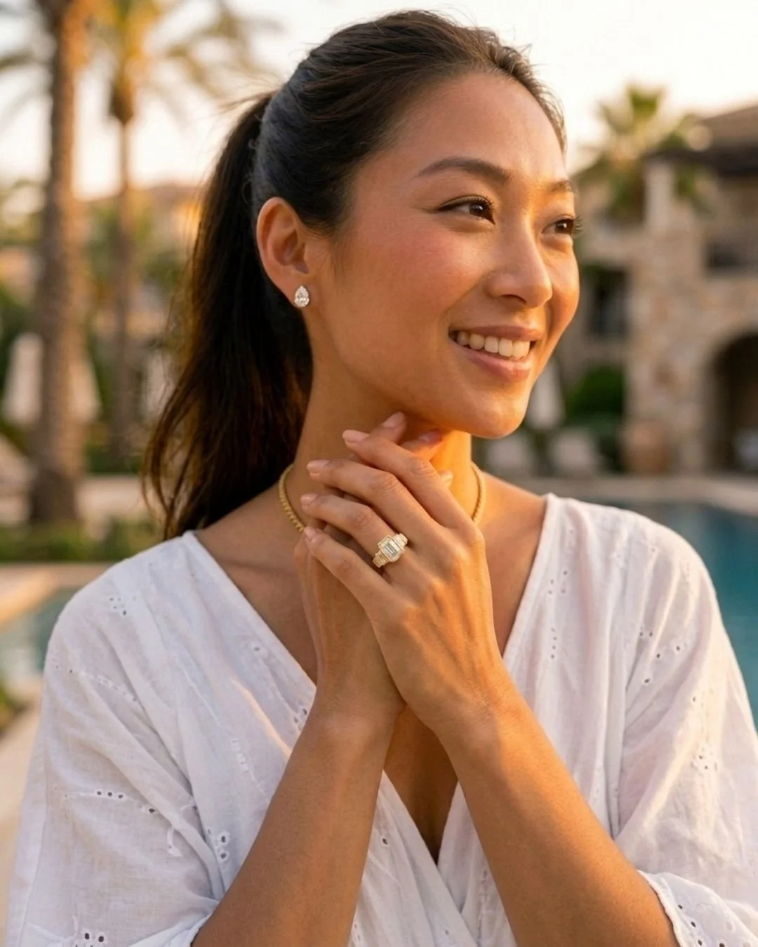 Sunset attire with The Emerald Ring and The Pear Studs. 

#pearshapediamondstuds #Emeraldring #everydayjewellery #mycollection