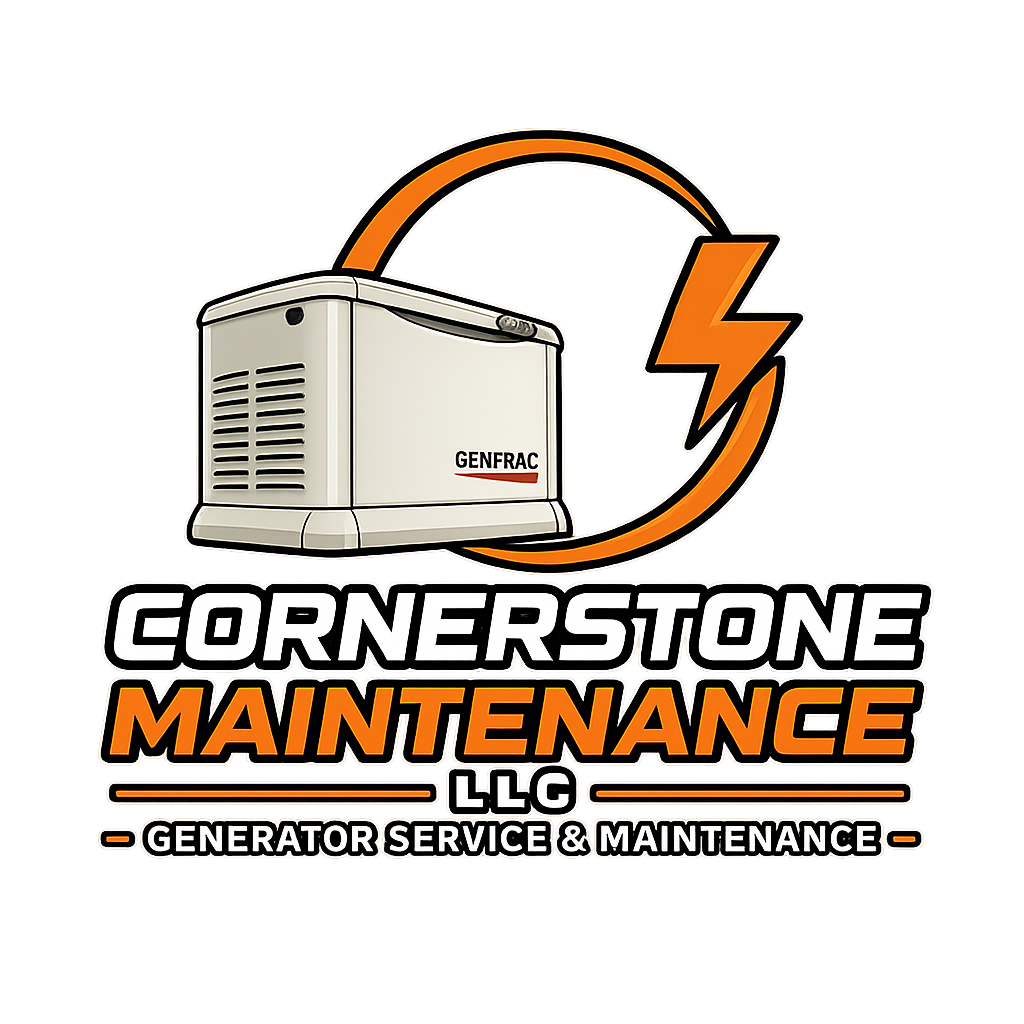A logo for Cornerstone Maintenance LLC featuring a generator, a lightning bolt, and the company name with services offered.