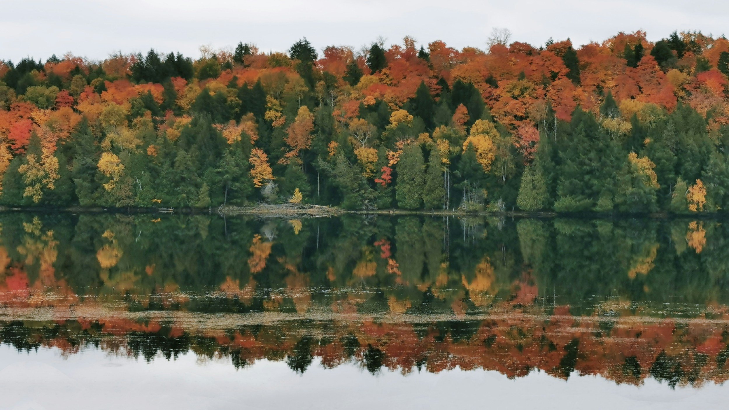 A scenic view of colorful fall foliage trees reflecting in a calm lake under a cloudy sky.