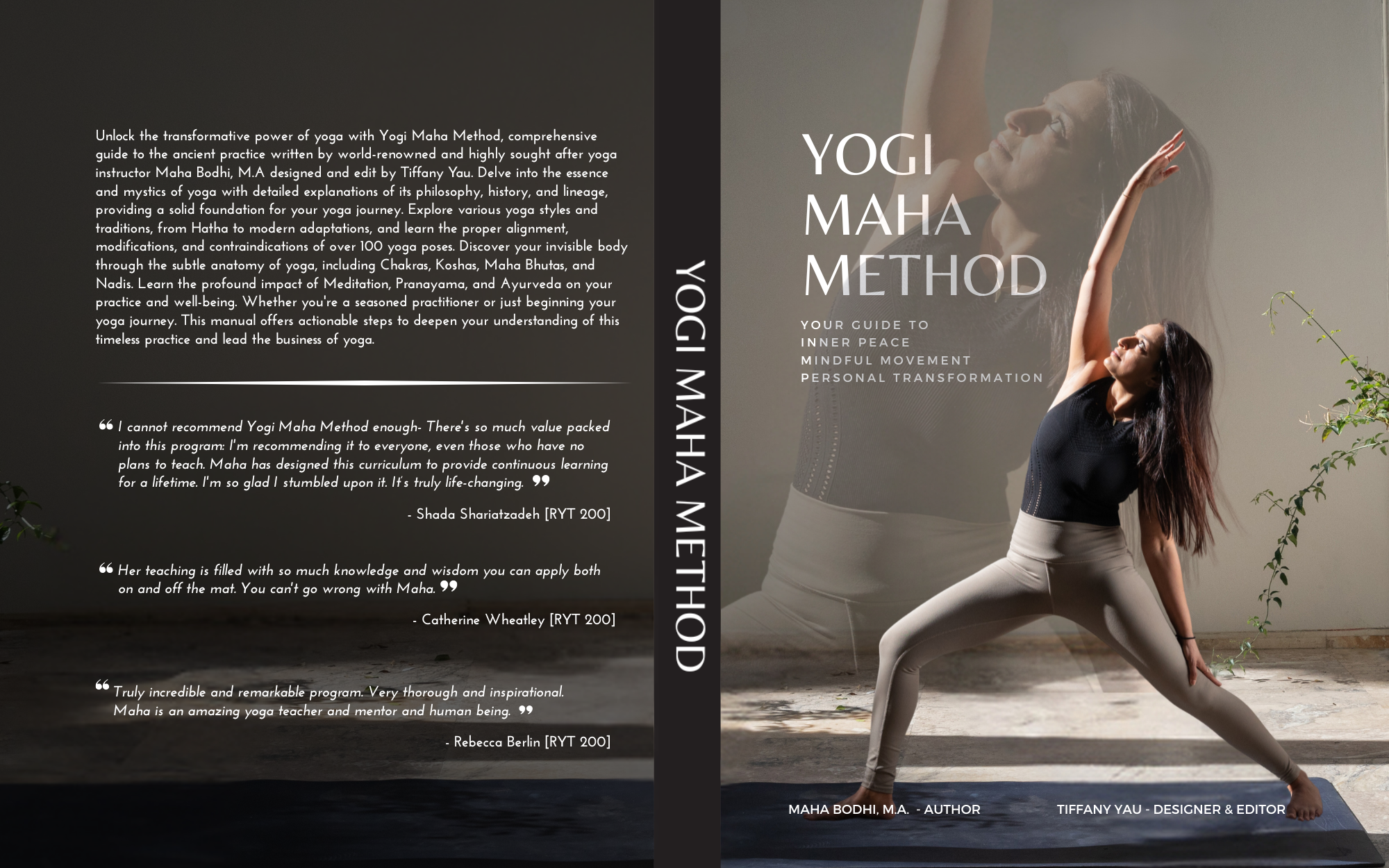 A woman practicing yoga in a studio, performing a yoga pose with one arm raised and a smile on her face, dressed in activewear.