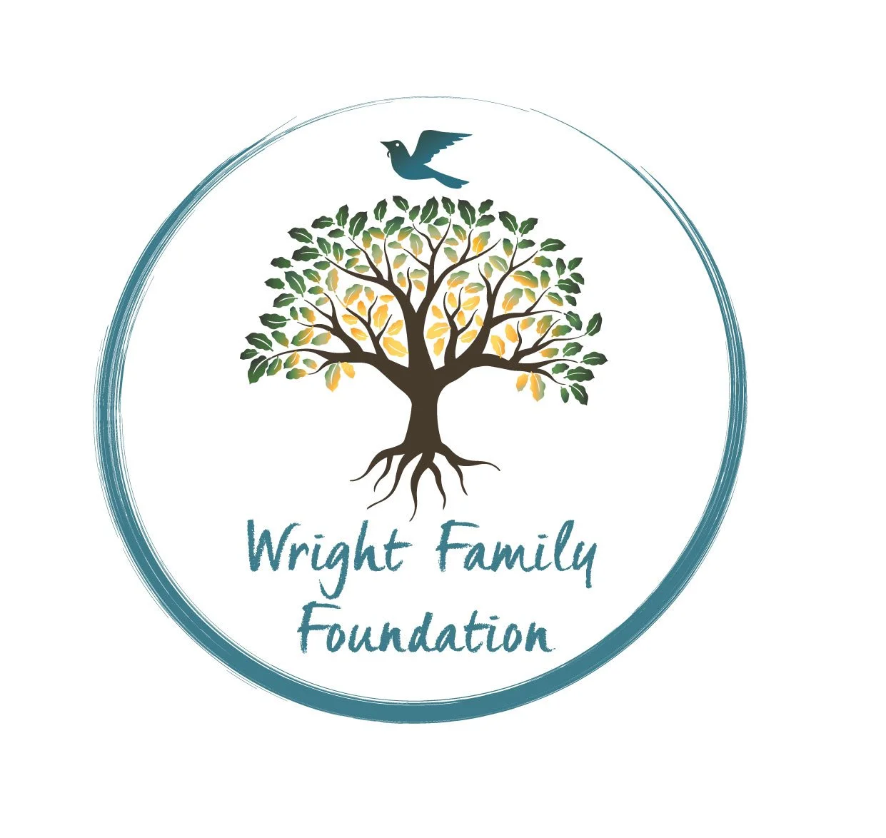 A circular logo for Wright Family Foundation featuring a tree with green and yellow leaves, a bird flying above the tree, and the foundation name written below.