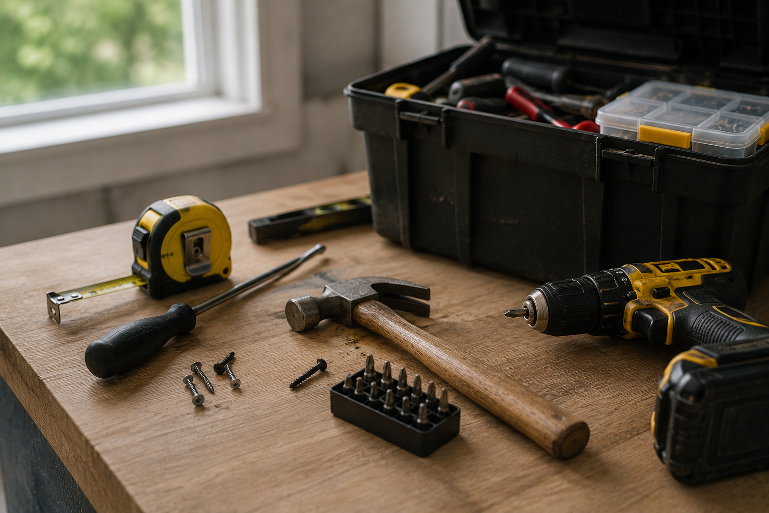 Tools on a wooden workbench, including a measuring tape, screwdriver, hammer, screws, drill, and an open toolbox with more tools inside.