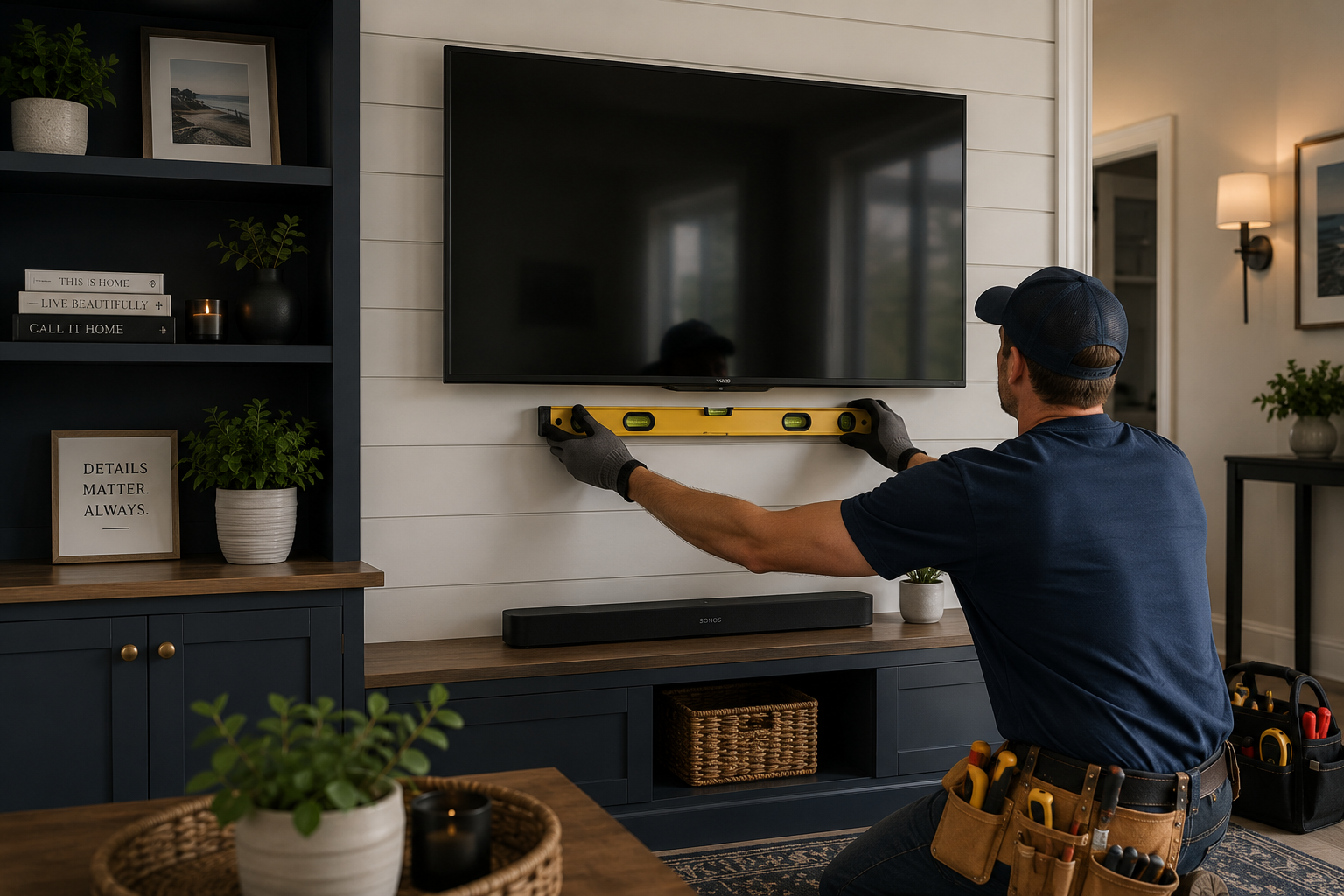 Handyman mounting a TV and completing home installation work in Gastonia NC.
