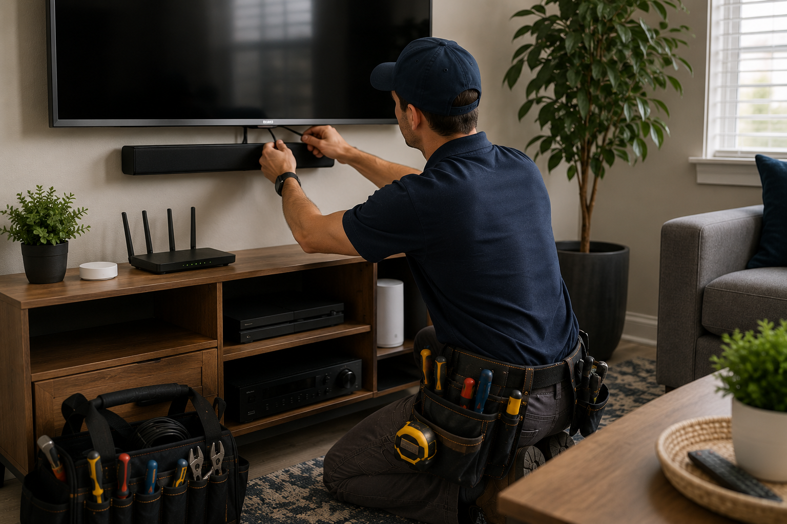 Professional handyman organizing cables and setting up a mounted TV and home entertainment system in Gastonia NC.