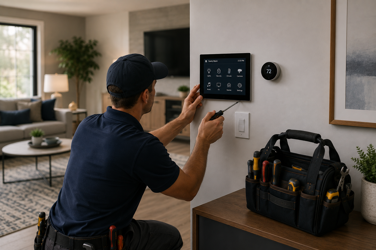 Smart home handyman installing a touchscreen control panel and thermostat system in a modern home in Gastonia NC.
