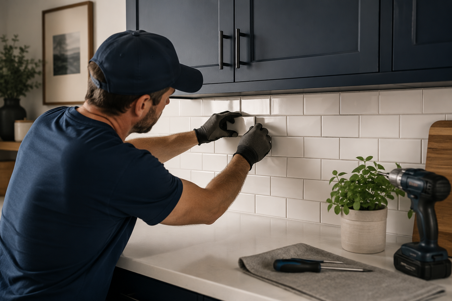 Handyman completing kitchen installation and repair work with attention to detail.