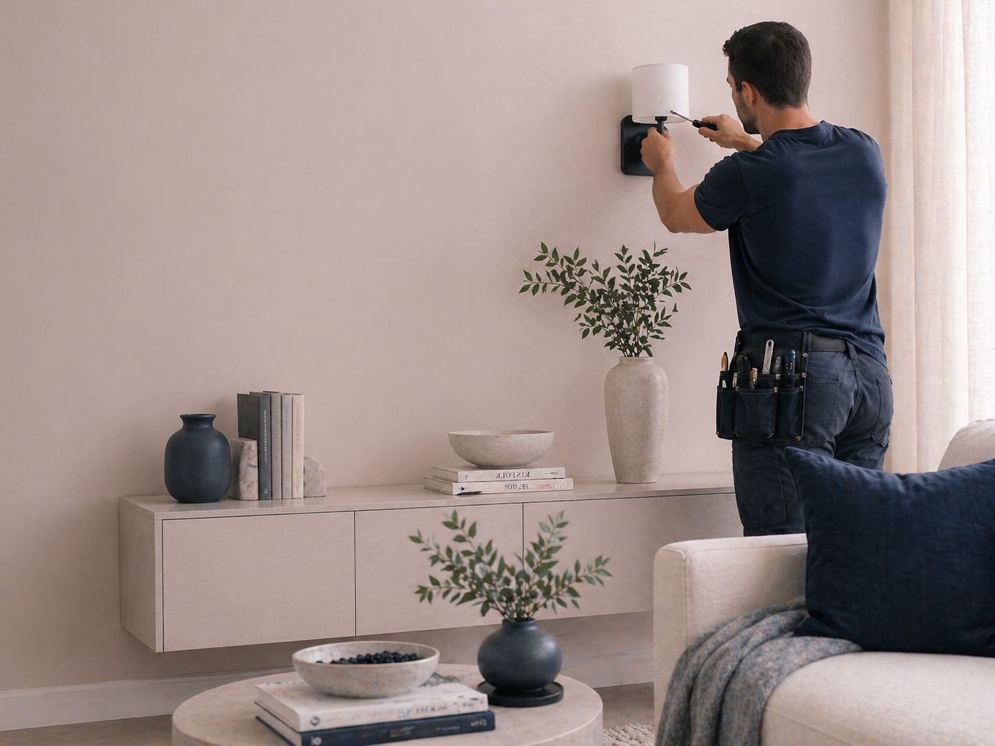 Handyman installing smart home lighting and tech devices in a modern home in Gastonia NC.