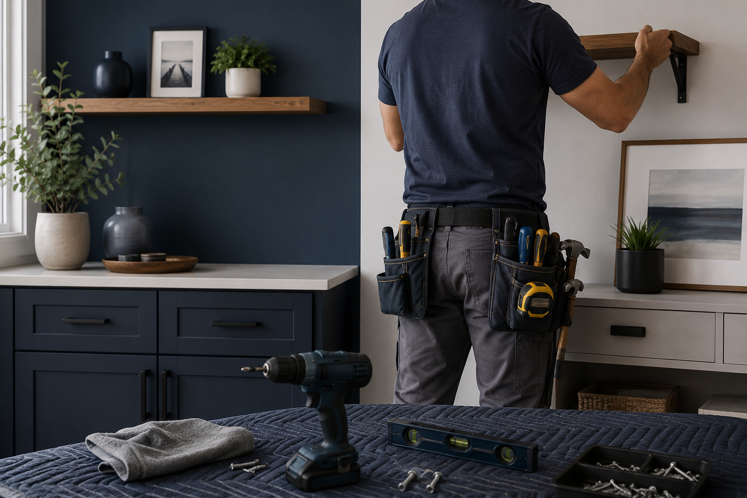 Professional handyman preparing for a home repair and installation project in Gastonia NC.