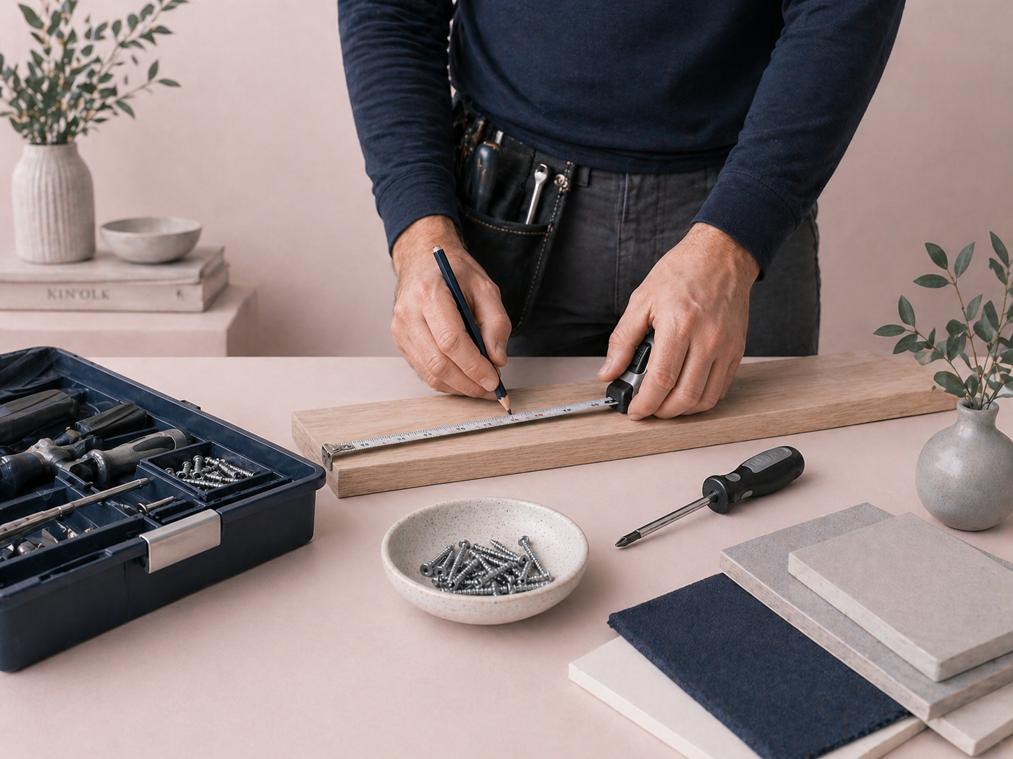 Handyman measuring and preparing materials for a home repair and installation project in Gastonia NC.