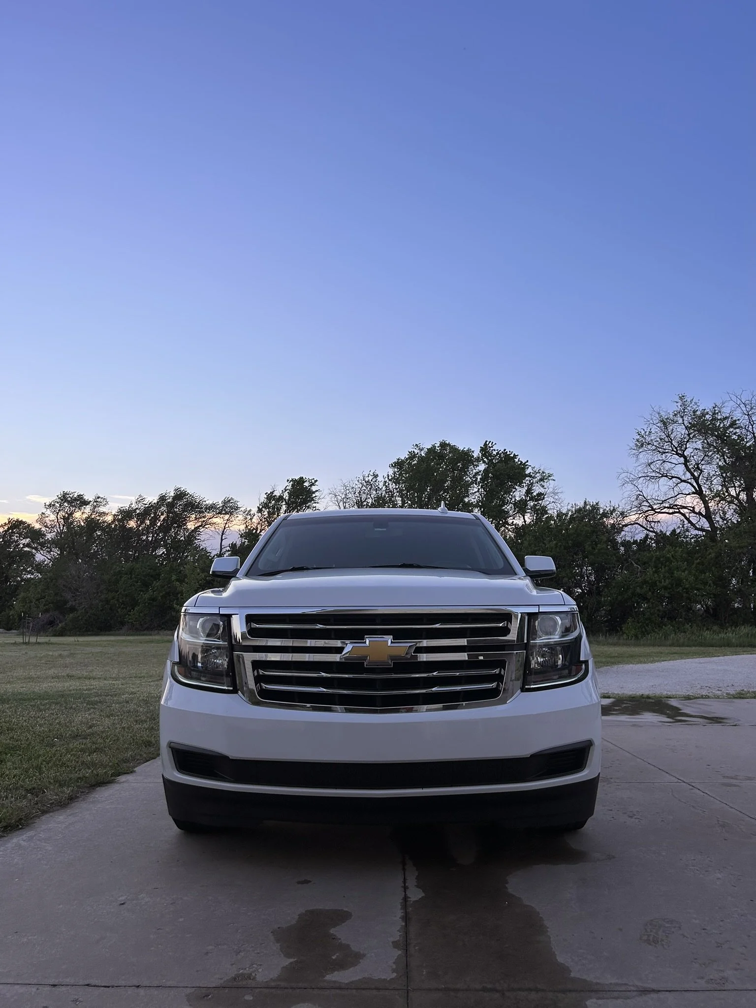 Front view of a white Chevrolet truck parked on a driveway during dusk, with trees and a clear blue sky in the background.
