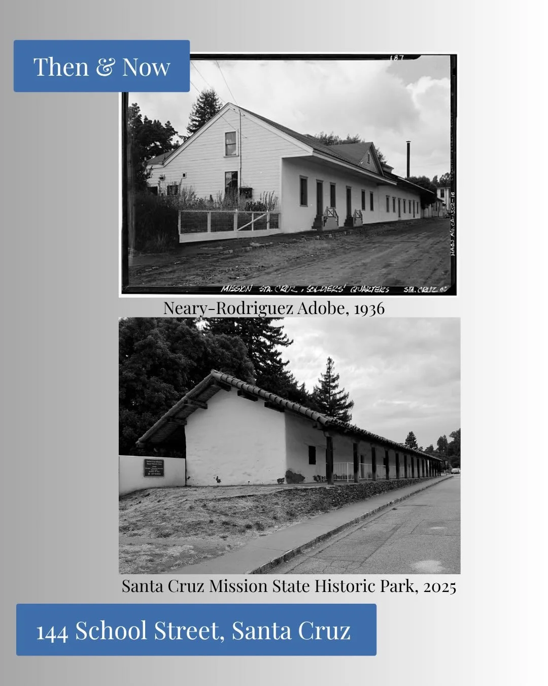 Built between 1822-1824, the adobe building at 144 School Street is the only remaining building left of Mission Santa Cruz, founded in 1791. The oldest building in Santa Cruz County, the adobe was originally constructed as a 17-room building and was 