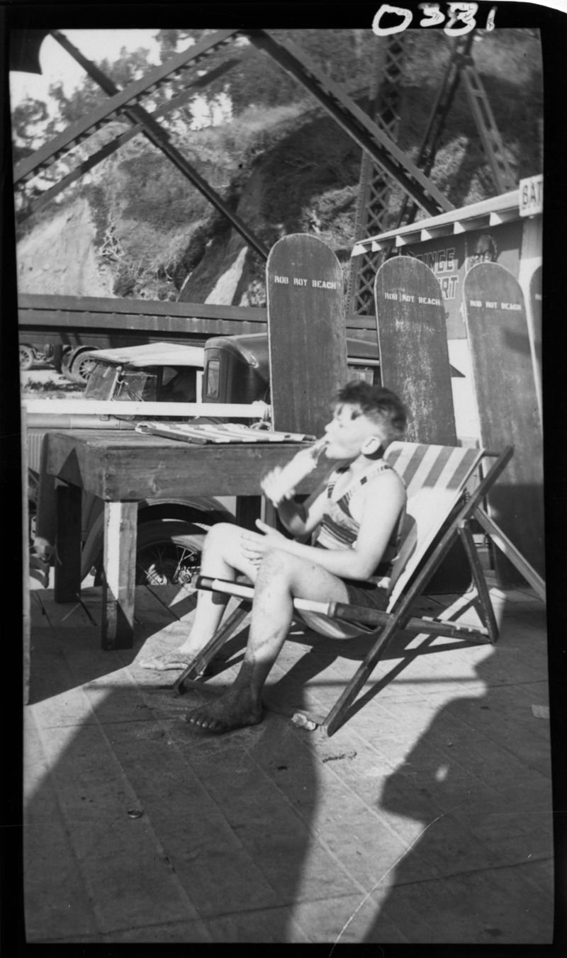 Boy at Rob Roy Beach.  Credit: University of California, Santa Cruz. McHenry Library, Special Collections. Digital collection 