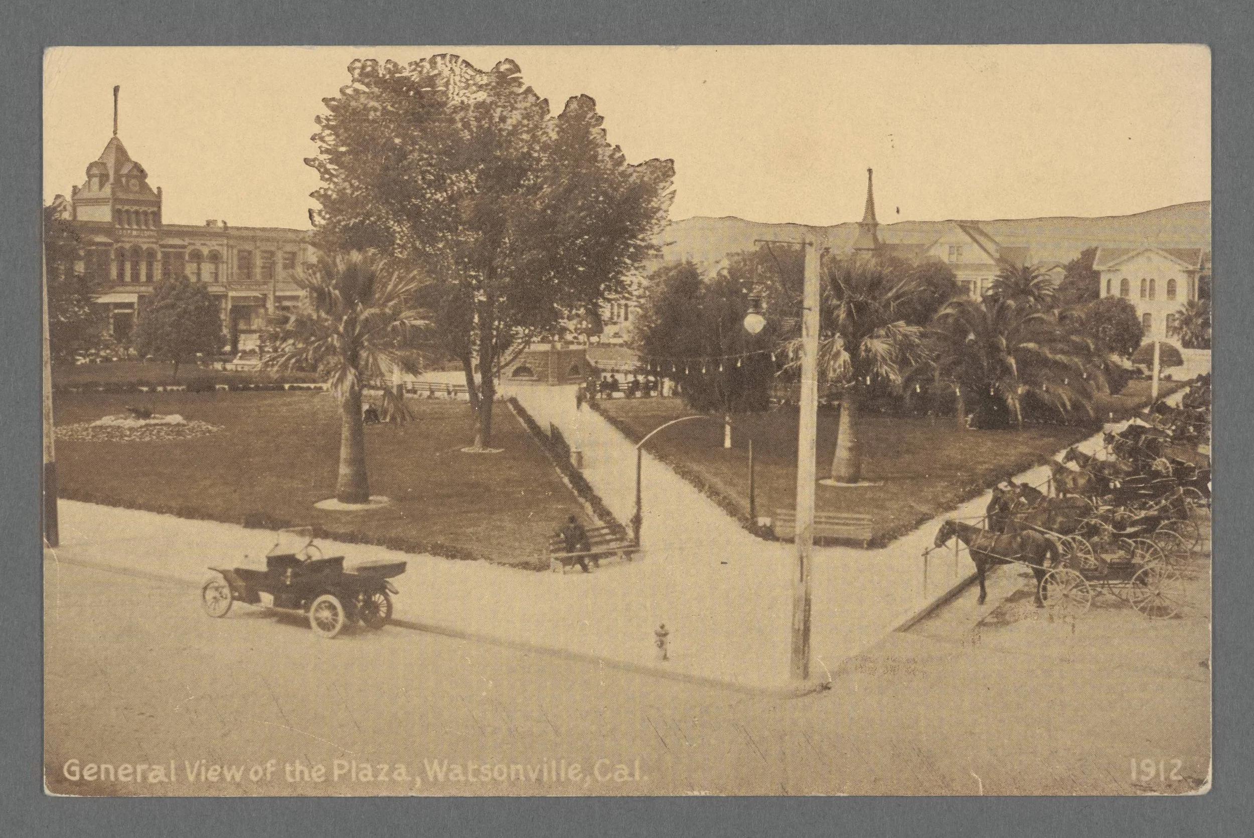 Watsonville Plaza, 1912  Credit: Kransky, Walter Robert et al. [Walter Robert and Gail Lynn Kransky Collection of Edward H. Mitchell Postcards]. San Francisco, Calif: N.p., 1896. Web