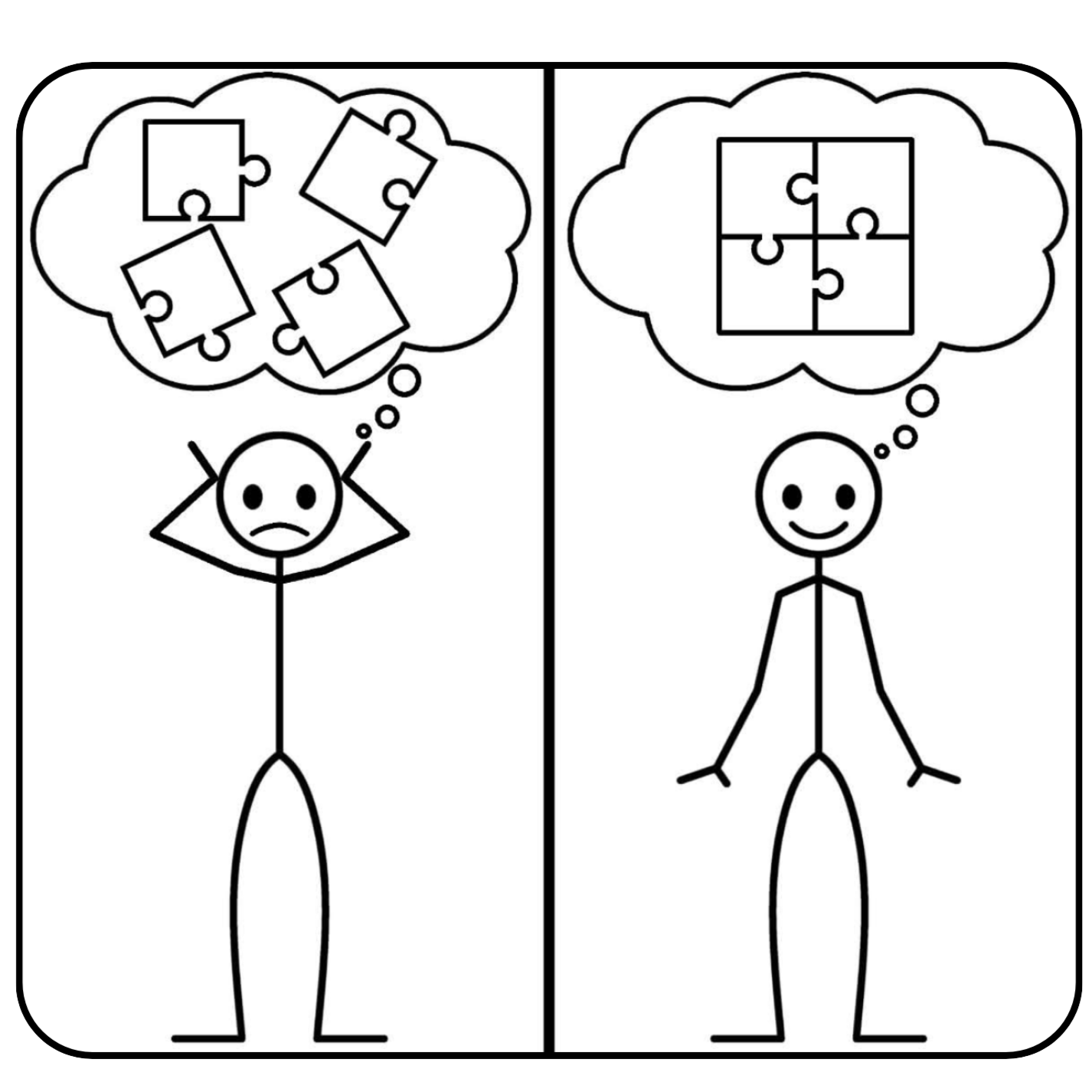 Une illustration divisée en deux parties : à gauche, un visage triste et un cerveau rempli d'images de puzzles désordonnés. À droite, un visage souriant et un cerveau rempli d'un puzzle bien organisé.