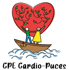 Une illustration d'un cœur rouge avec des branches vertes à l'intérieur, deux personnes sur un bateau sur l'eau, une femme en jaune et un homme en vert, avec le texte 'CPE Cardio-Puces' en dessous.