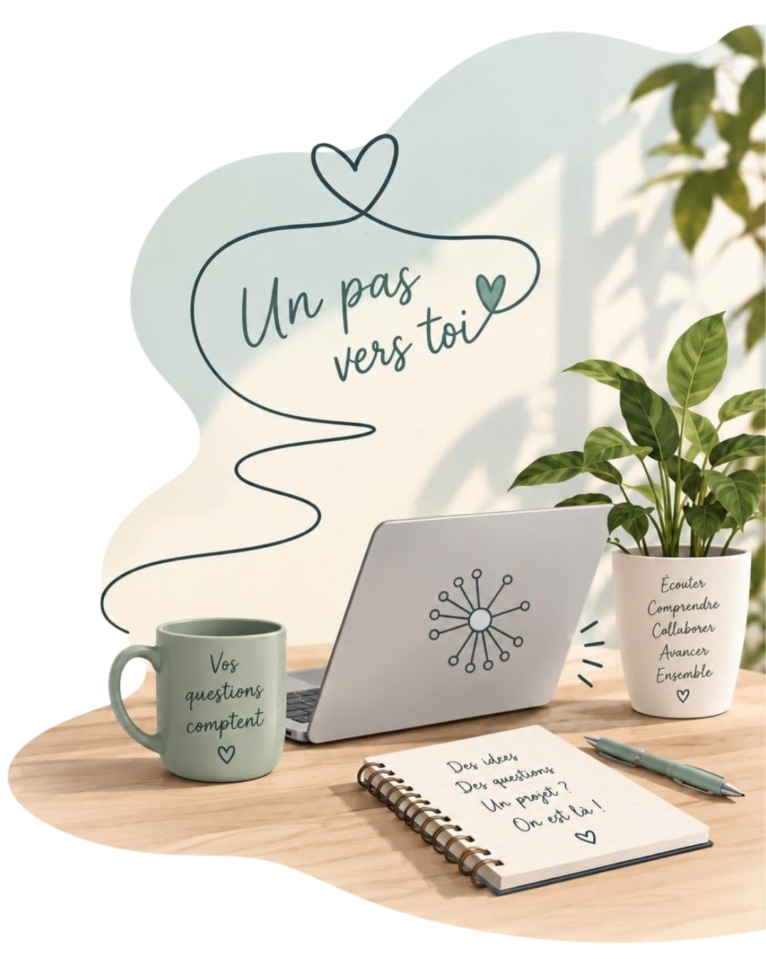 Espace de travail avec un ordinateur portable, une tasse, un carnet, un stylo, une plante en pot, et un panneau avec le texte "Un pas vers toi" et des mots comme "Écouter, Comprendre, Collaborer, Avancer, Ensemble".