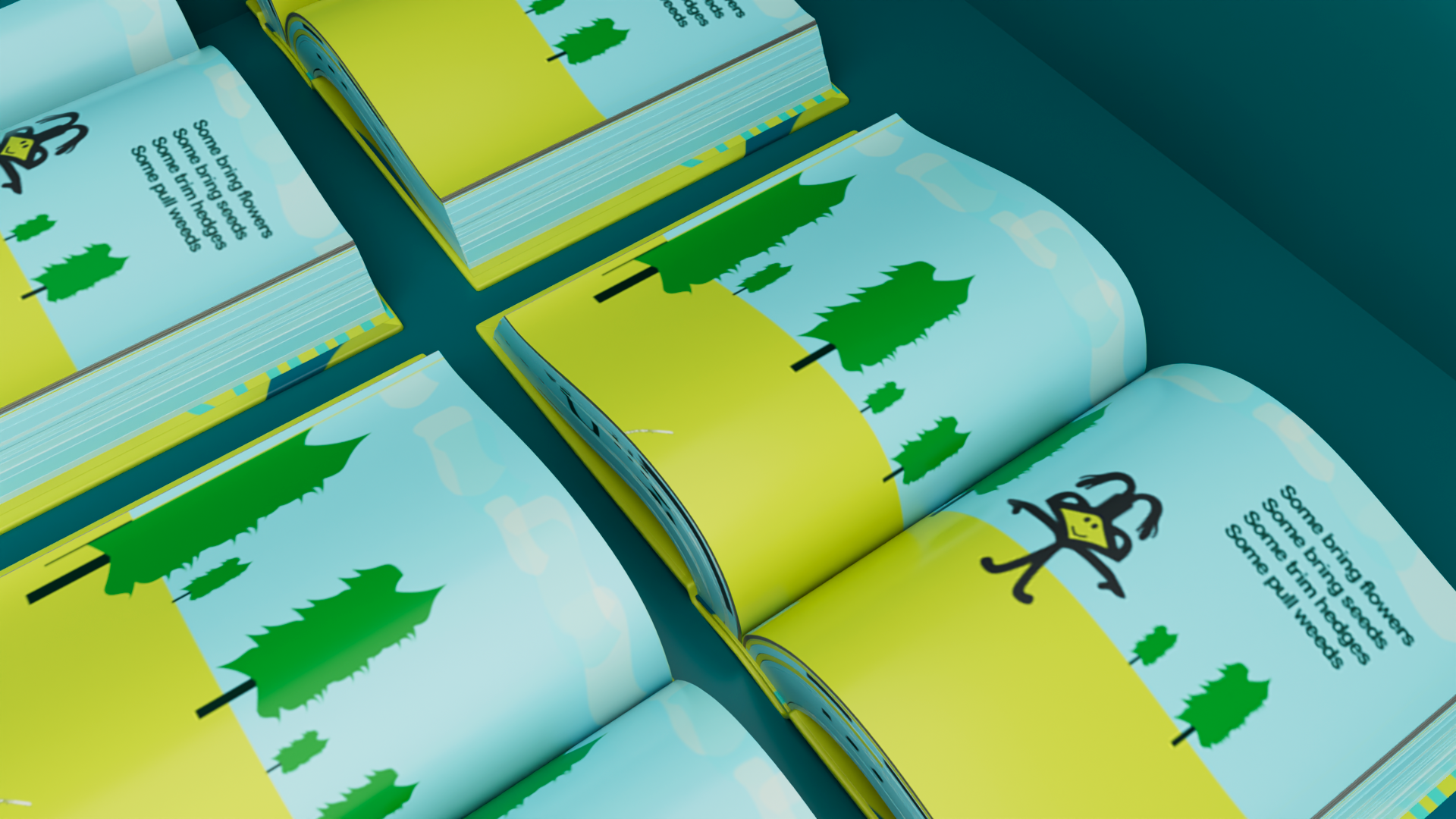 Open children's book with illustrations of green trees and cartoon character with a yellow face and black limbs, on a blue background.