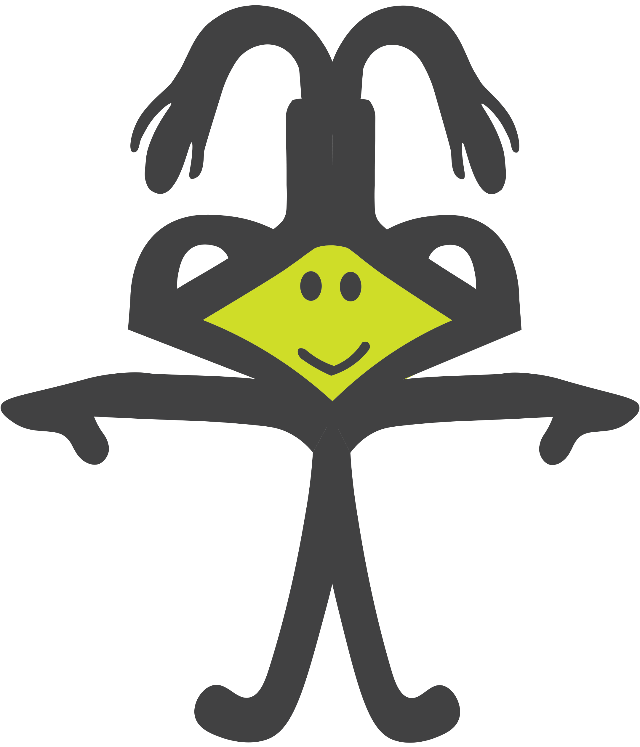 Stylized cartoon of a black and yellow dragonfly with a smiling face, large eyes, and elongated wings and body.