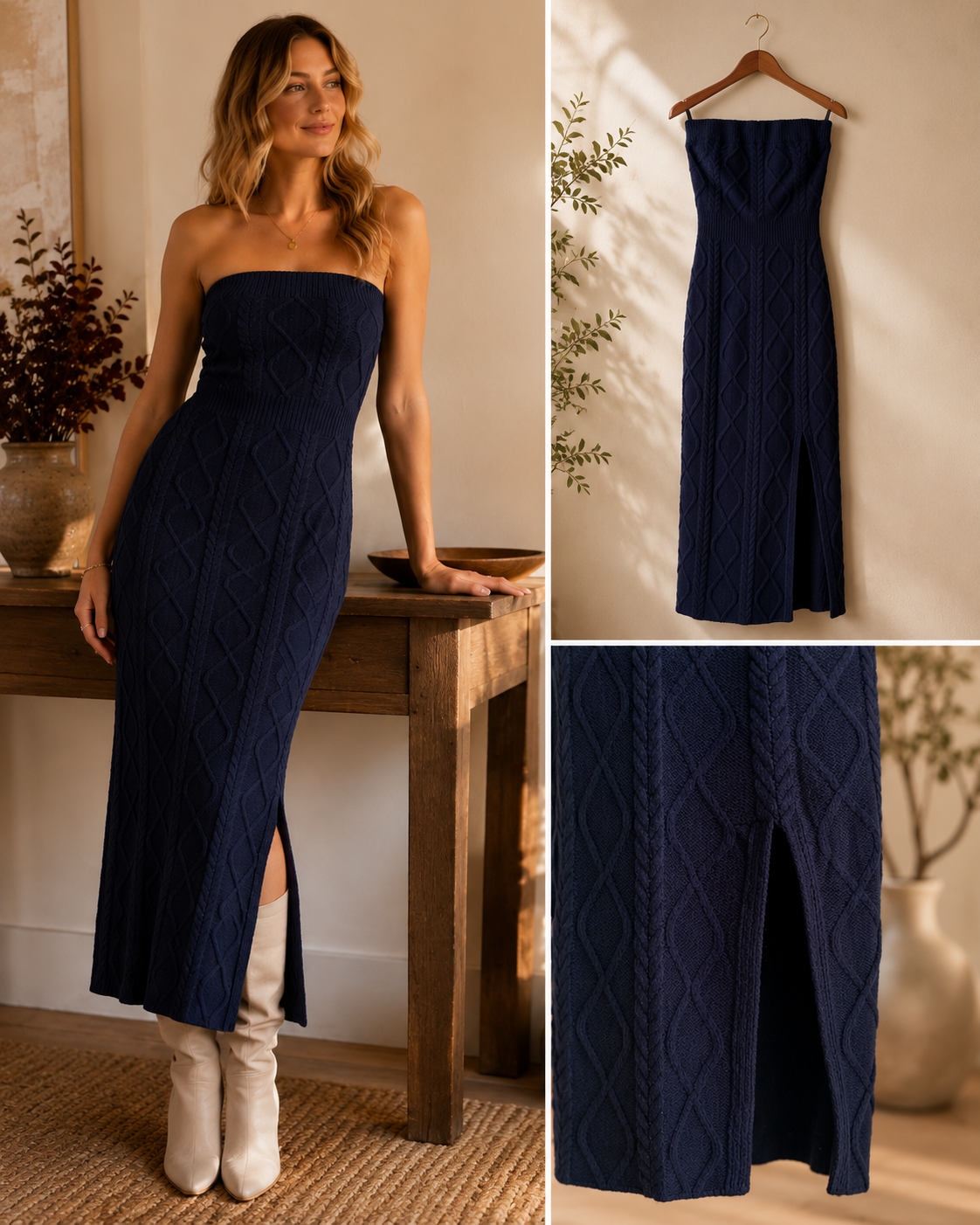 Skylar Rose Navy Cable Knit Strapless Midi Dress – Size Small