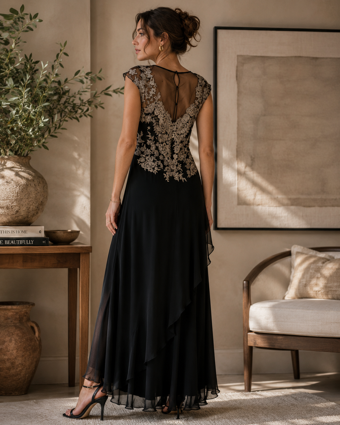 Teri Jon Black & Champagne Embroidered Lace Chiffon Evening Gown Size 14