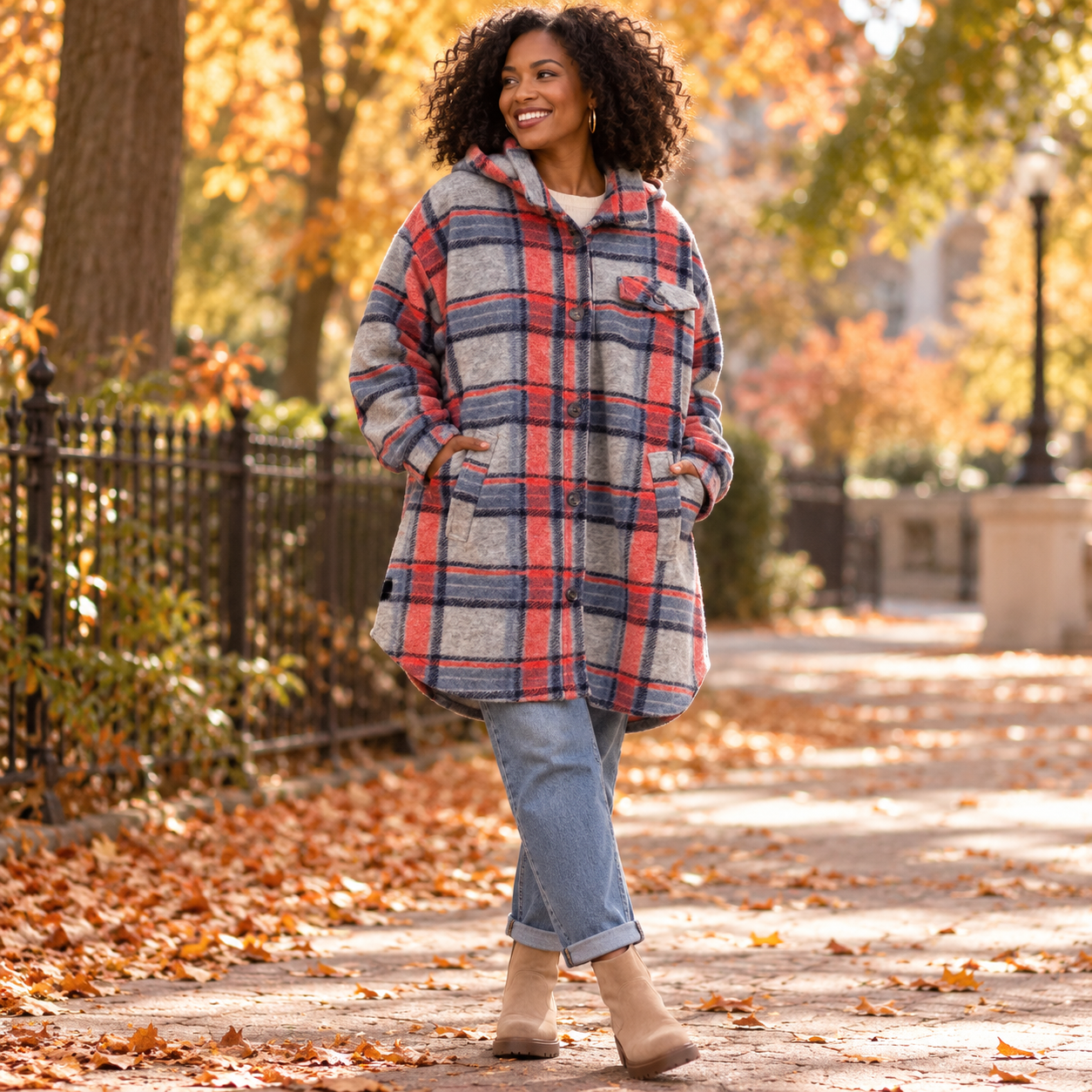 Tribal XL Plaid Hooded Coat Jacket Gray Red Blue Oversized Shacket