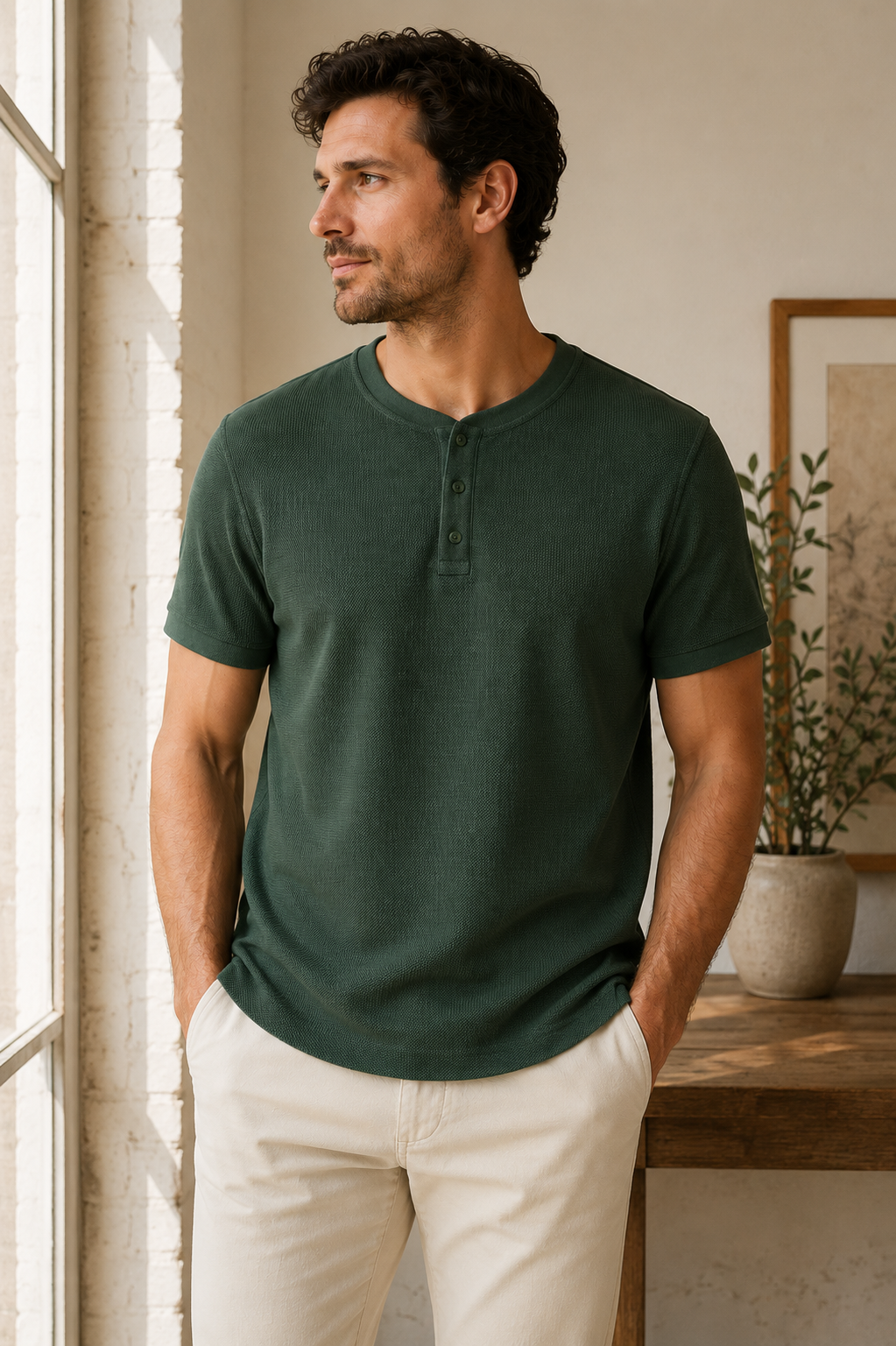 Banana Republic Textured Henley T-Shirt – Dark Green – Size Medium