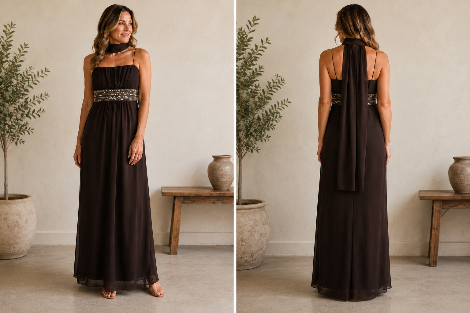 Alex Evenings Embellished Empire Waist Chiffon Gown with Scarf – Size 8
