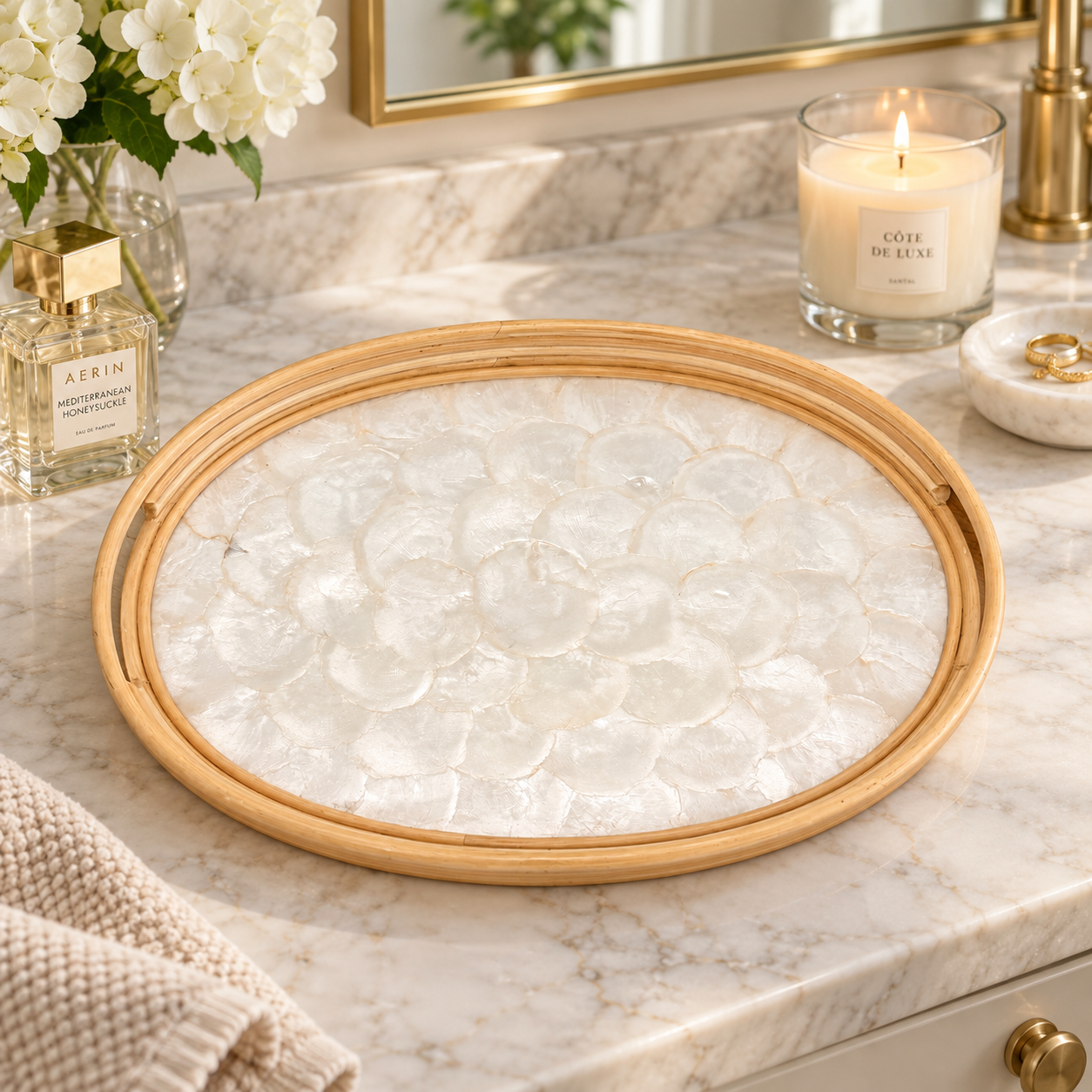 Capiz Shell & Rattan Oval Decorative Tray 18” Coastal Boho