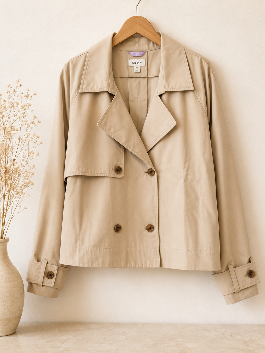 On 34th Cropped Double-Breasted Trench Jacket – Beige – Size XXL