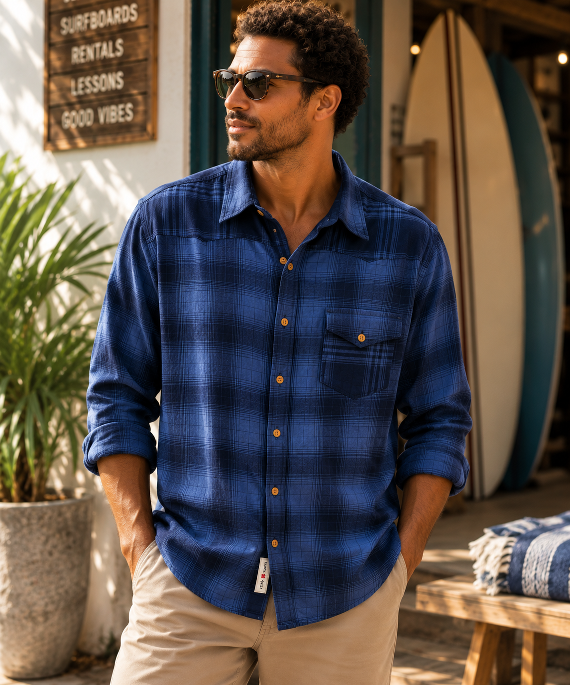 Lucky Brand California Fit Blue Plaid Button-Down Shirt – L