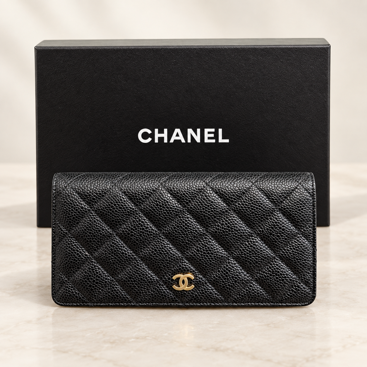 Chanel Classic L-Yen Long Wallet Black Caviar Gold CC Card Box A31509