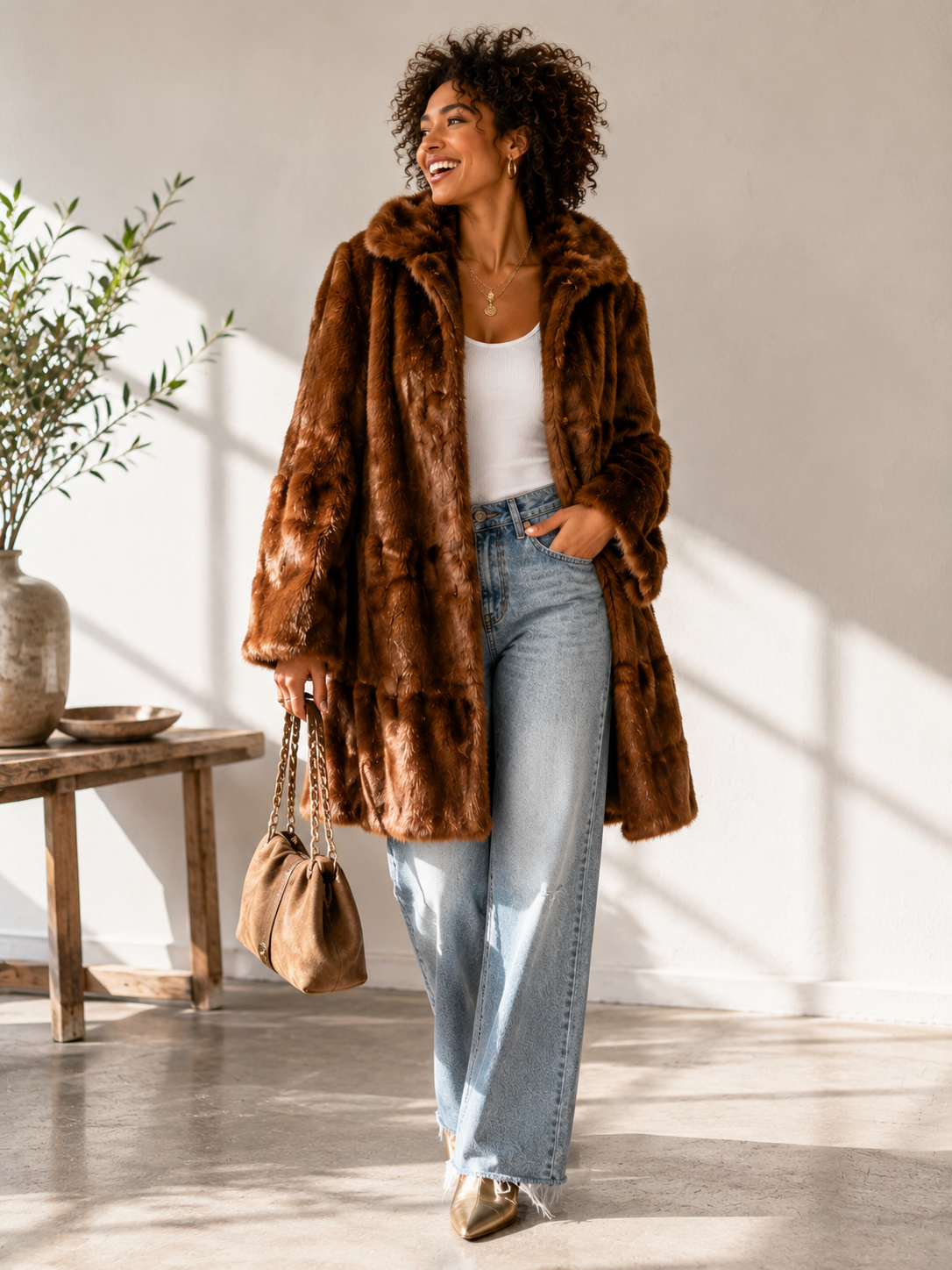 Donna Salyers Fabulous-Furs Brown Faux Fur Swing Coat – L