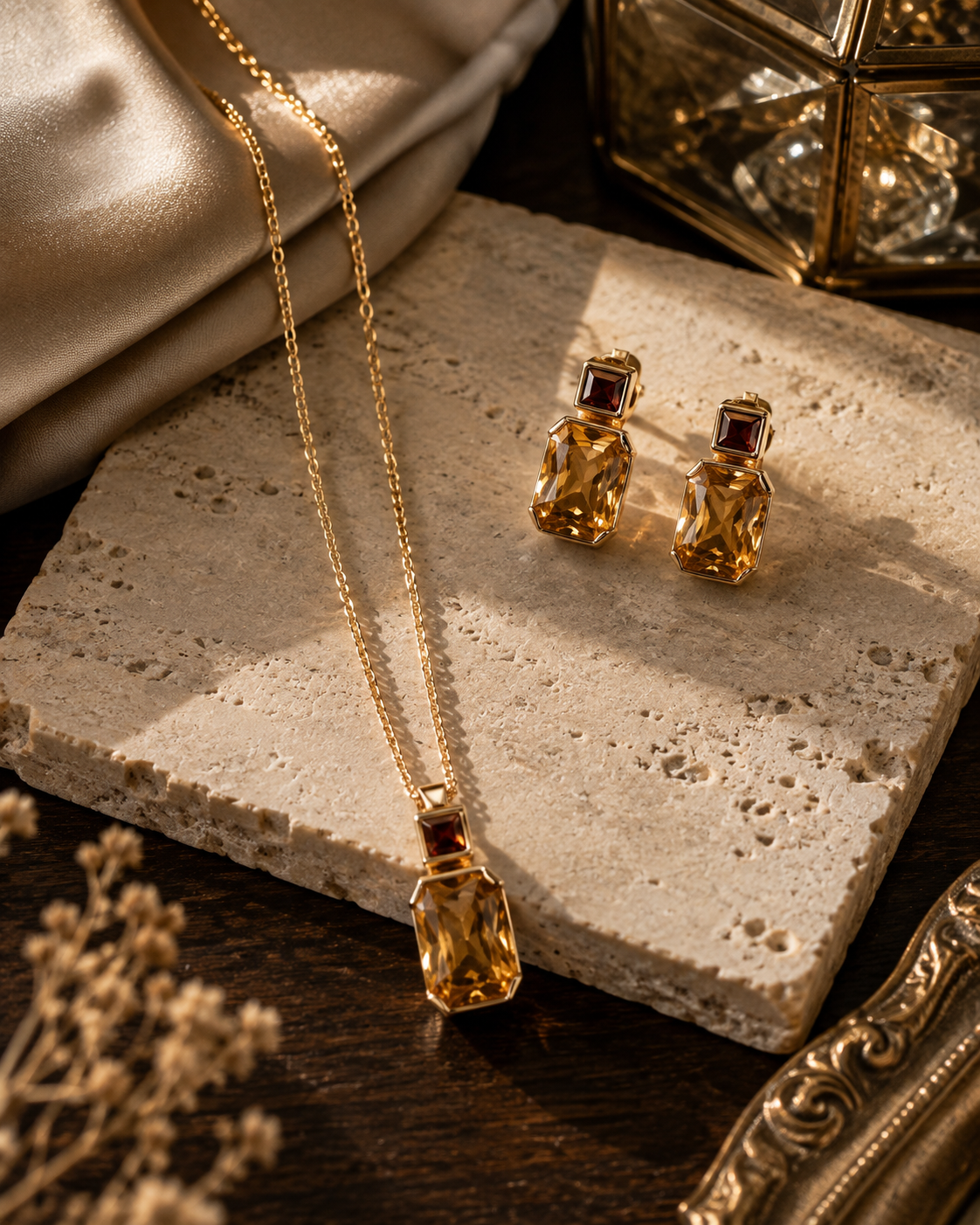 14K Gold Citrine & Garnet Pendant Necklace and Earrings Set