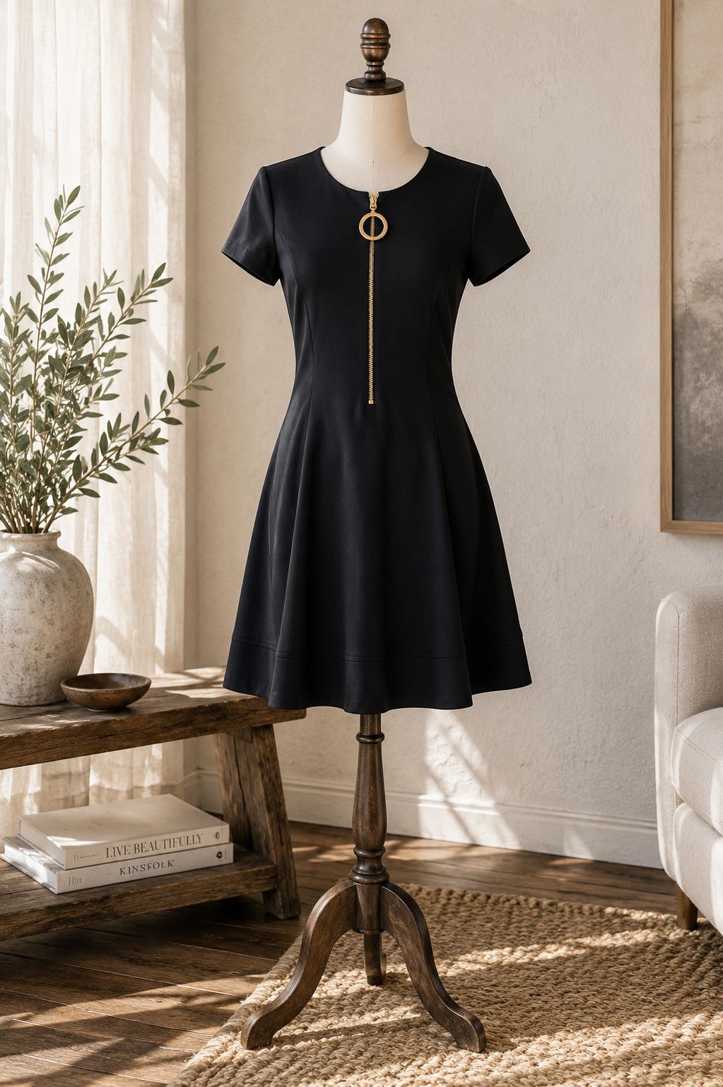 DKNY Black Fit & Flare Dress with Gold Ring Zip Detail – Size 8