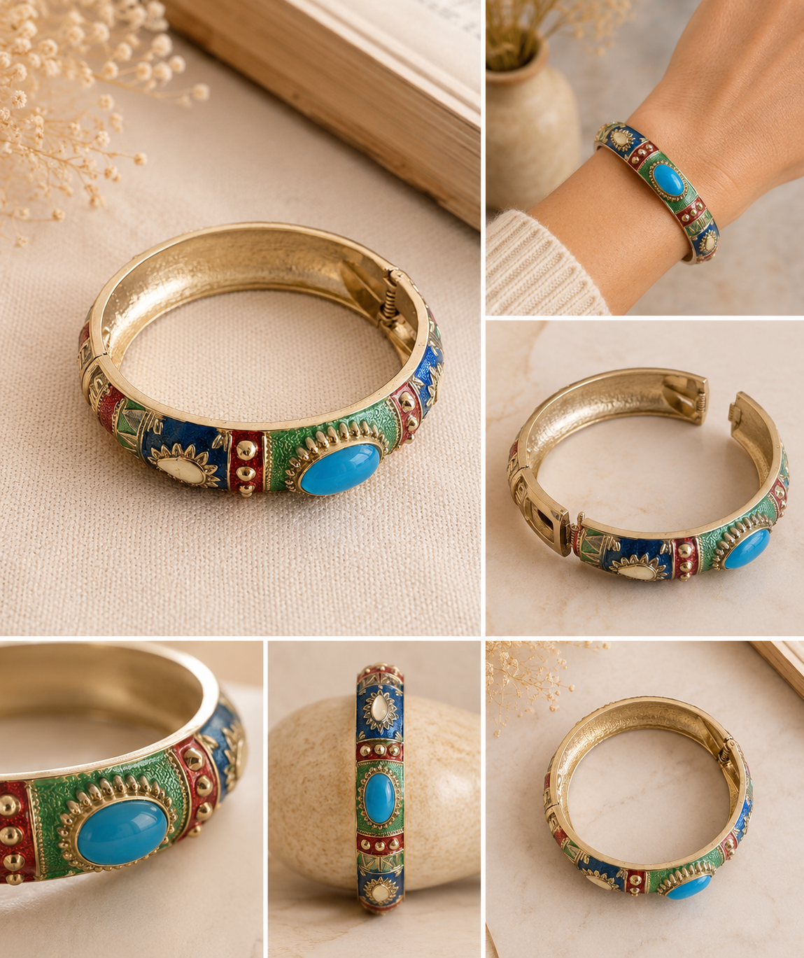 Vintage Gold Tone Enamel Hinged Bangle Bracelet | Multicolor Southwest Boho Statement Cuff