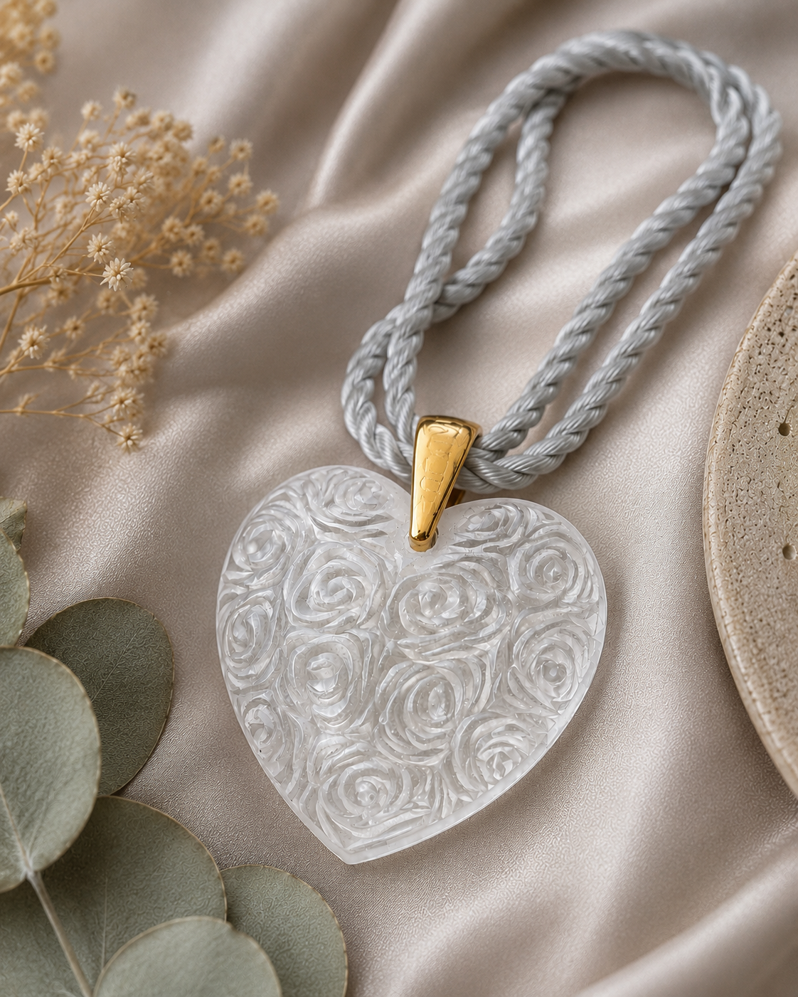 Lalique Crystal Rose Heart Pendant Necklace | Frosted Clear Crystal | Gray Satin Cord | France